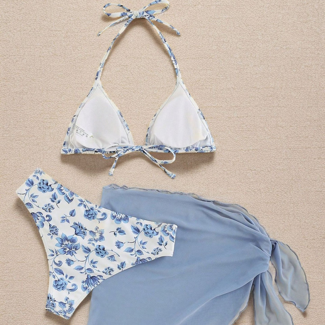 Damen Triangel-Bikini-Set mit romantischem Blumenmuster und eleganter Pareo Heidi-Mode