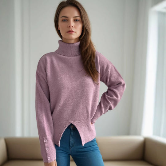 Damen modischer Rollkragenpullover mit Knopfdetails und asymmetrischem Saum Heidi-Mode