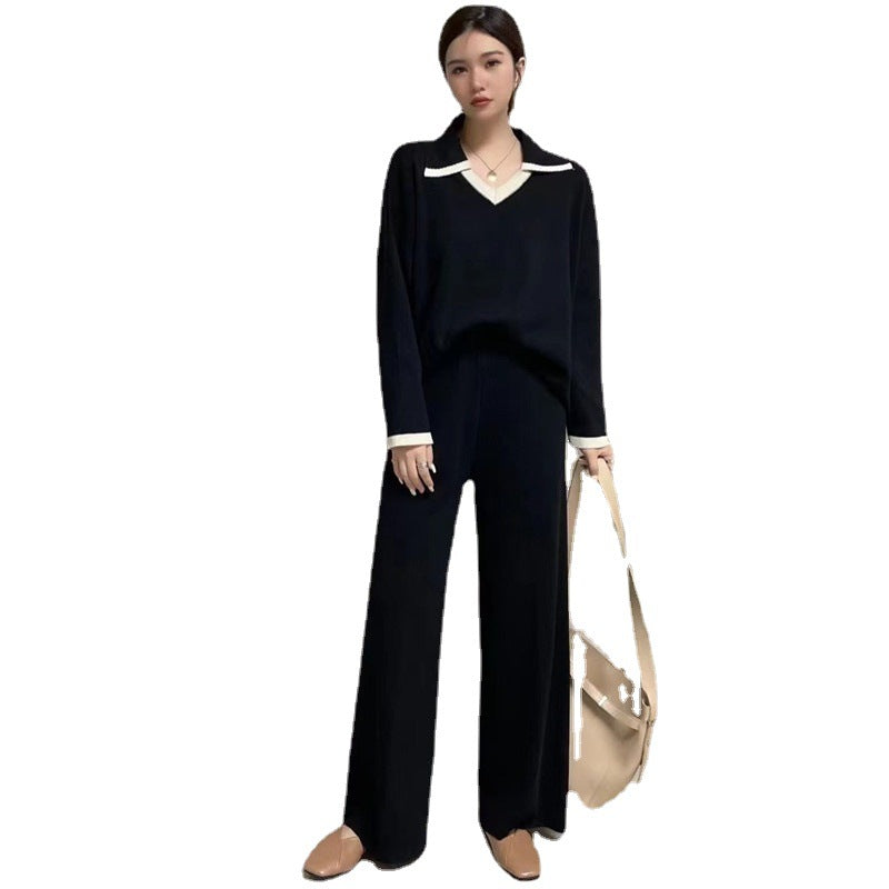 Damen elegantes und lässiges Strickensemble mit V-Ausschnitt und breitem Saum Heidi-Mode