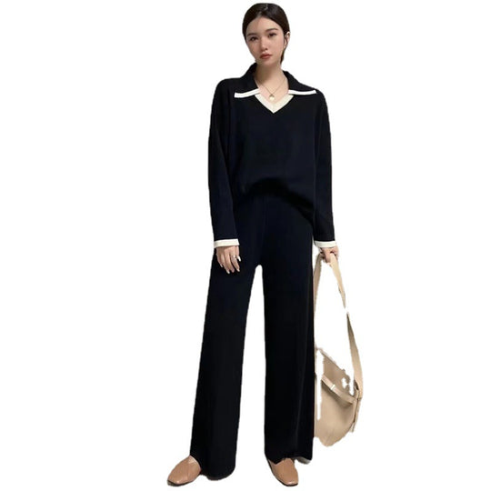 Damen elegantes und lässiges Strickensemble mit V-Ausschnitt und breitem Saum Heidi-Mode