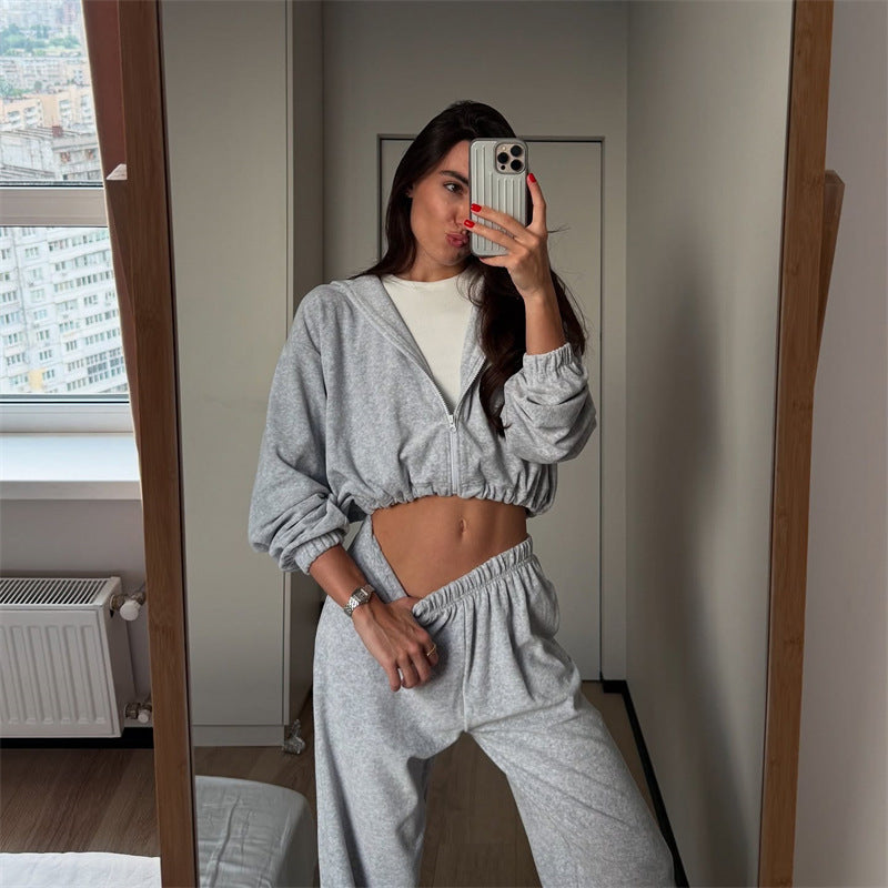 Damen lässiges Crop-Hoodie-Set mit weiten Hosen Heidi-Mode