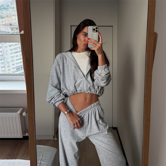 Damen lässiges Crop-Hoodie-Set mit weiten Hosen Heidi-Mode