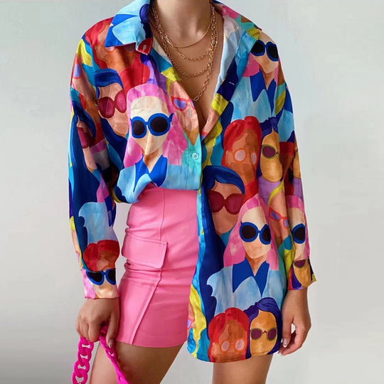 Damen Oversized Bluse mit buntem Grafikdruck Heidi-Mode