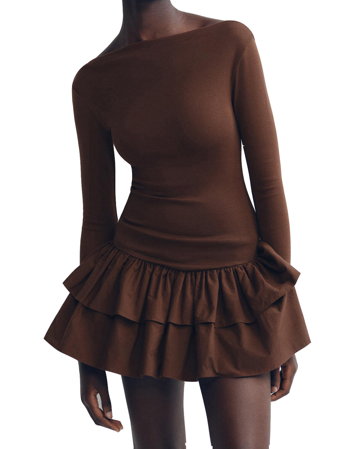 Damen Minikleid mit asymmetrischem Rüschenbesatz und eleganten langen Ärmeln Heidi-Mode