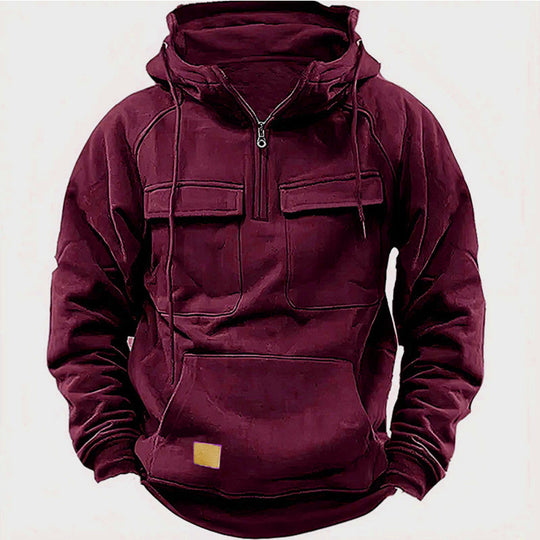 Herren Utility Hoodie mit aufgesetzten Taschen und halbem Reißverschluss Heidi-Mode