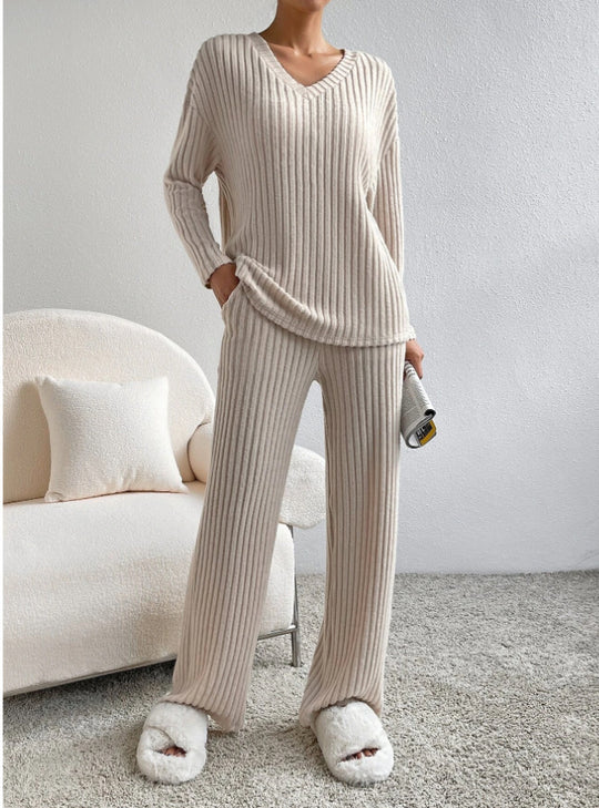 Damen Lässiges Freizeitsweat-Set mit V-Ausschnitt und weitem Schnitt Heidi-Mode