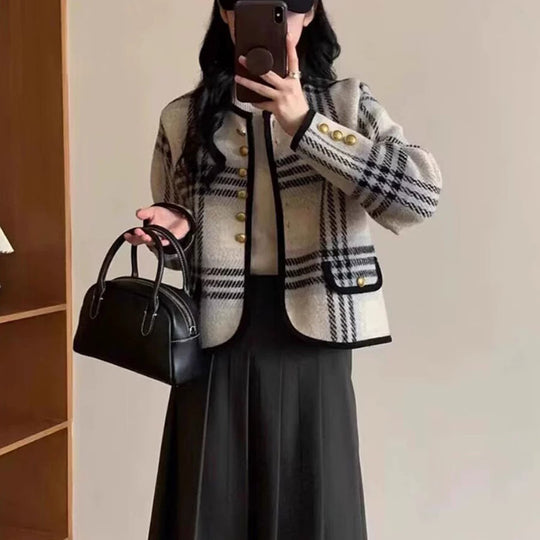 Damen Freizeitblazer mit eleganter Karomusterung und Knopfdetails Heidi-Mode