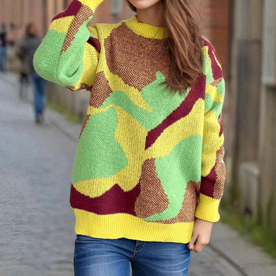 Damen gemütlicher Strickpullover mit modernem Farbblockdesign Heidi-Mode