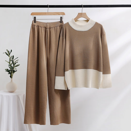 Damen elegantes Strick-Loungewear-Set mit weitem Bund und dekorativem Kragen Heidi-Mode