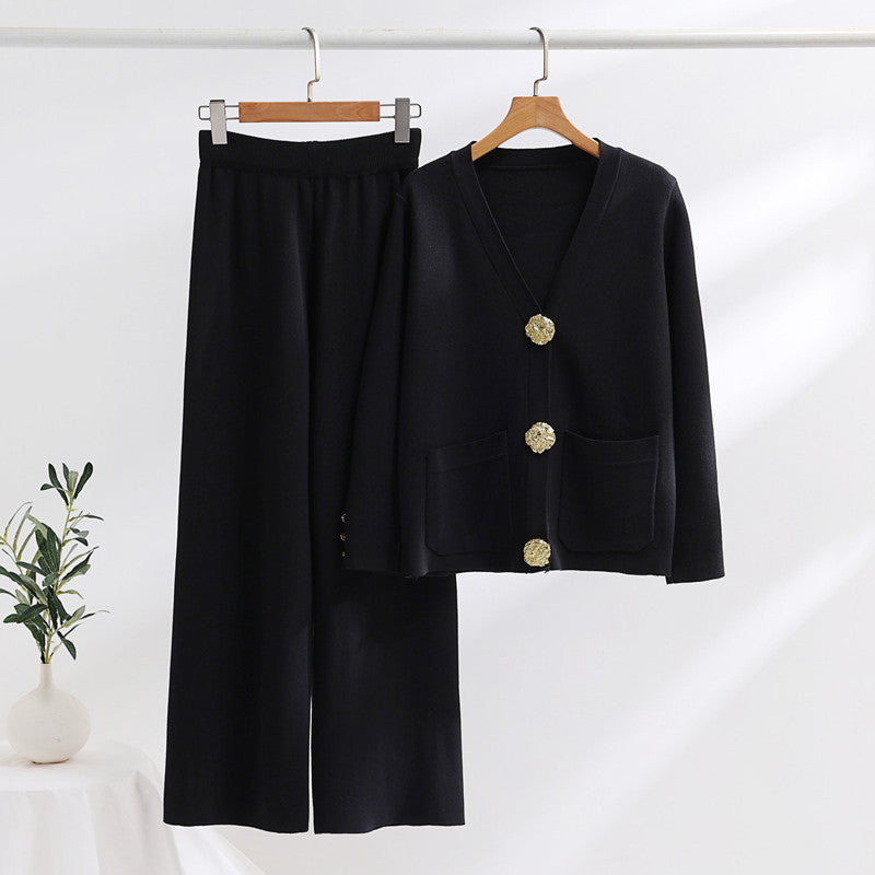 Damen elegantes Strick-Loungewear-Set mit weiten Bein und schönen Knöpfen Heidi-Mode