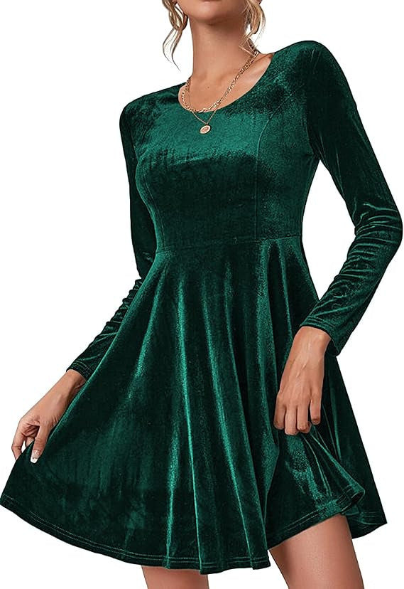 Damen Fließendes Samtkleid mit langen Ärmeln und weit schwingendem Rock Heidi-Mode