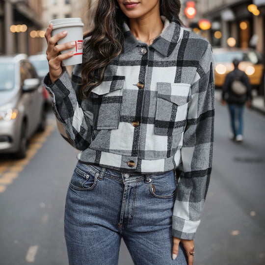 Damen Karierte Baumwolljacke mit modischem Schnitt und Taschen Heidi-Mode