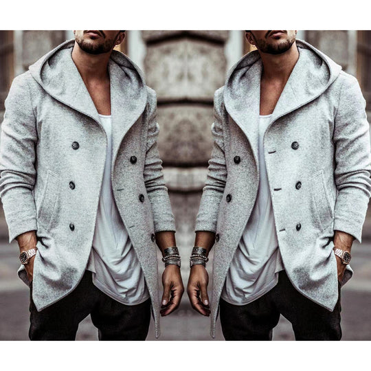 Herren stylischer Hoodie-Mantel mit doppelter Knopfreihe und weitem Kragen Heidi-Mode