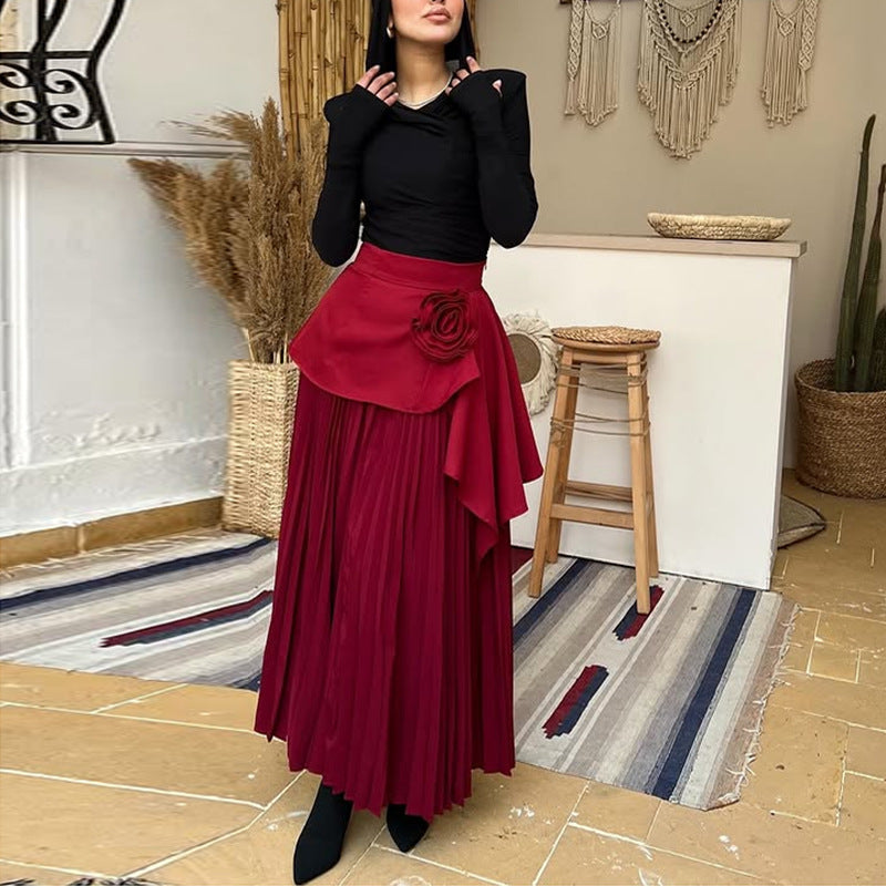 Damen Eleganter Maxi-Rock mit voluminösen Plisseefalten und dekorativem Blumenapplikation Heidi-Mode