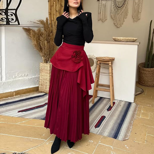Damen Eleganter Maxi-Rock mit voluminösen Plisseefalten und dekorativem Blumenapplikation Heidi-Mode