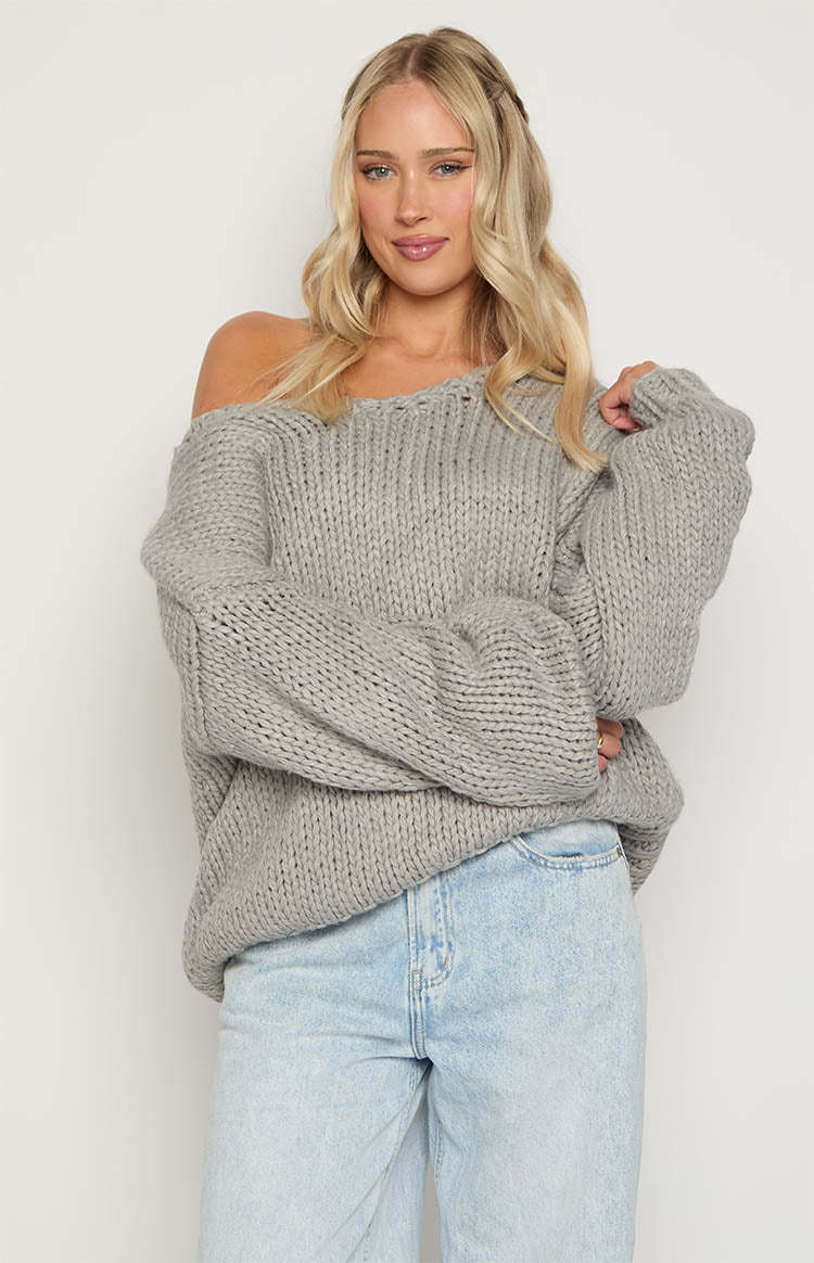 Damen oversized Strickpullover mit offenen Schultern und voluminösen Ärmeln Heidi-Mode
