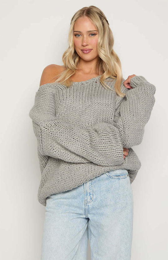 Damen oversized Strickpullover mit offenen Schultern und voluminösen Ärmeln Heidi-Mode