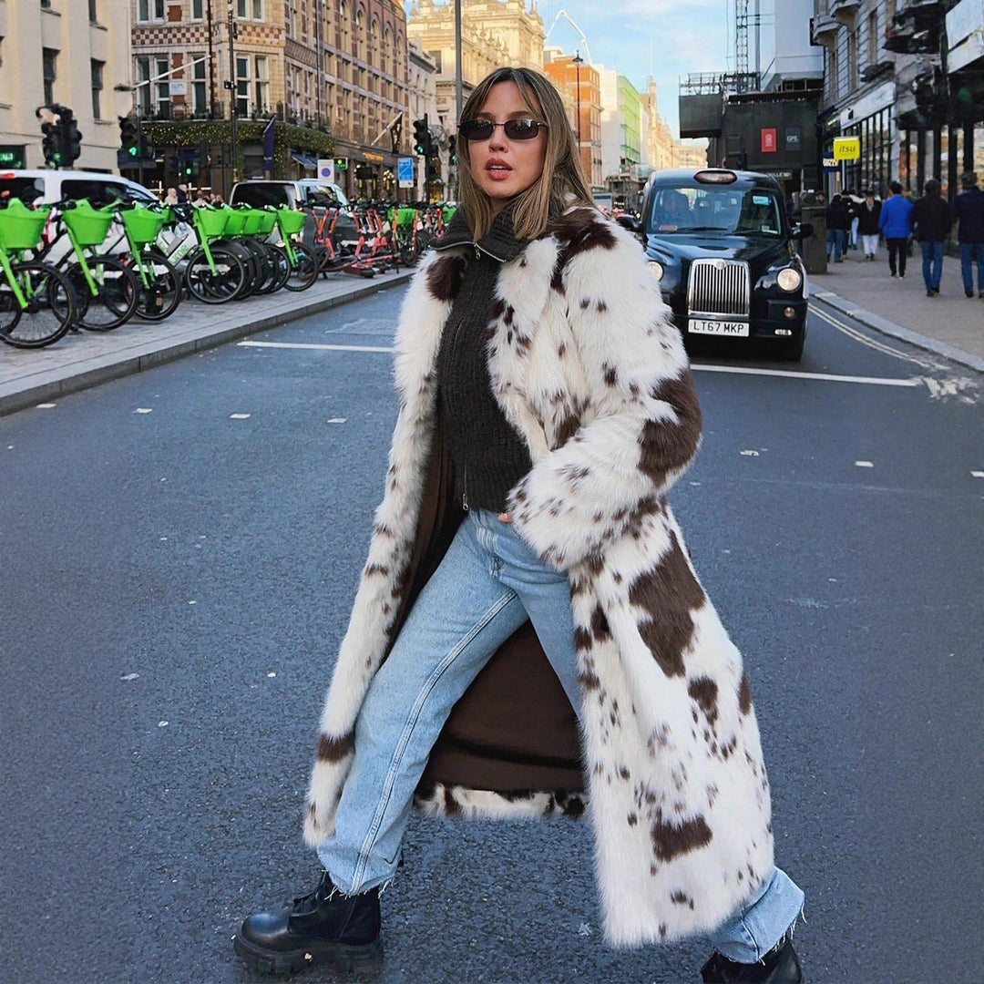 Damen eleganter Kunstpelzmantel im modernen Tiermuster Heidi-Mode