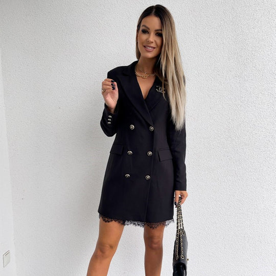 Damen eleganter Doppelknee-Blazer mit Spitzenbesatz Heidi-Mode