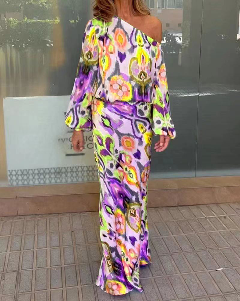 Damen Elegantes Maxikleid im grafischen Batikdesign mit Off-Shoulder-Ausschnitt und voluminösen Ärmeln Heidi-Mode