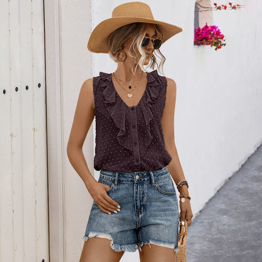 Damen Ärmelloses Rüschenbluse mit Knopfdetails Heidi-Mode