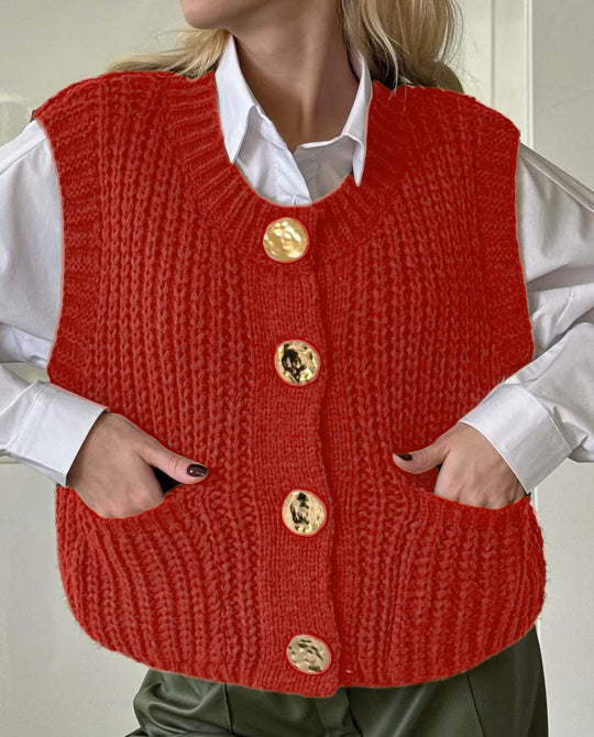 Damen gemütliche Strickweste mit großen Knöpfen und praktischen Taschen Heidi-Mode