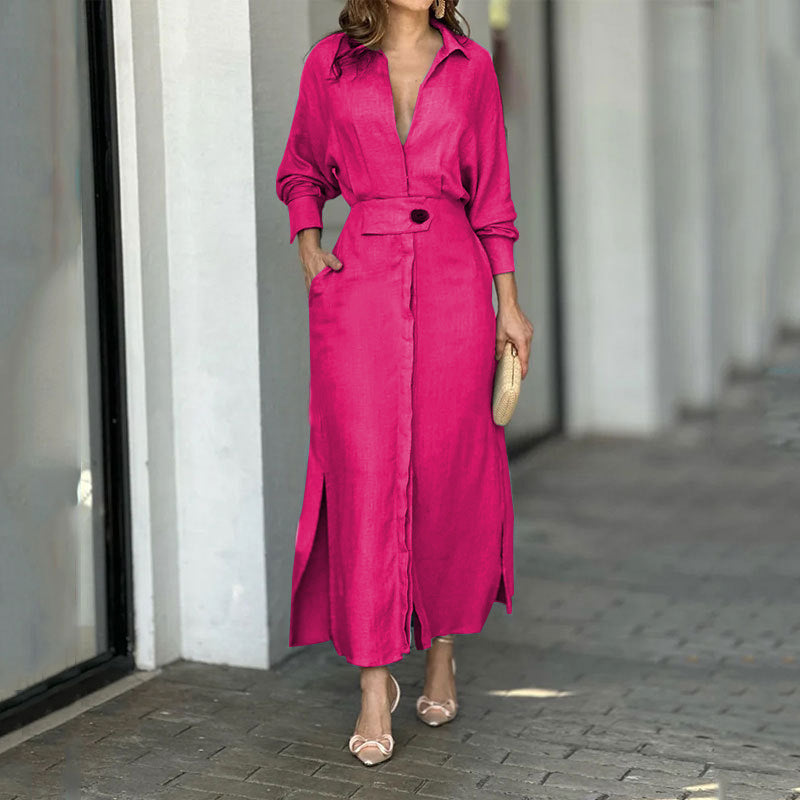 Damen Maxikleid aus leichtem Leinen mit eleganter Knopfleiste und praktischen Seitenschlitzen Heidi-Mode