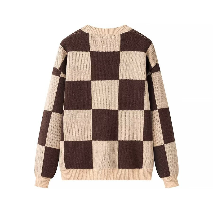 Damen OverGrößed Kariert Pullover mit Rundhalsausschnitt und feiner Strickstruktur Heidi-Mode