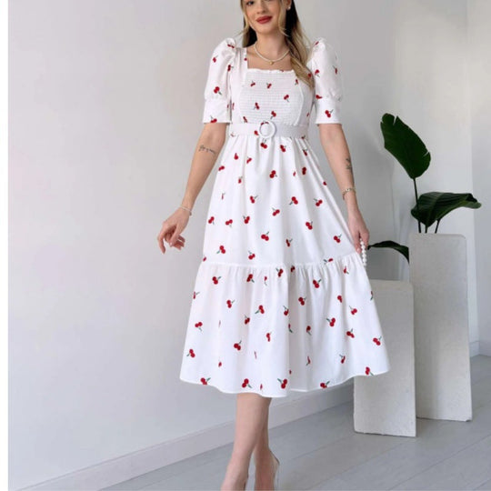 Heidi-Mode | Bedrucktes, taillenbetontes U-Ausschnitt Elegantes Kleid