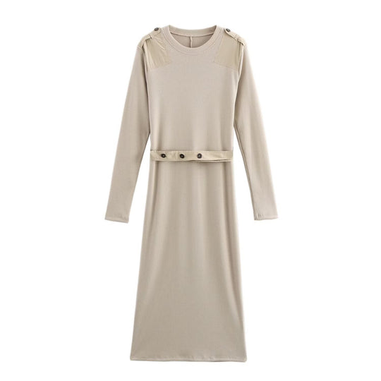Damen Langarm-Kleid mit dekorativem Gürtel und Schulterdetails Heidi-Mode