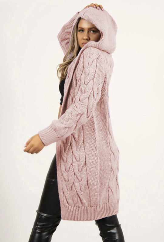 Damen Strickmantel mit Kapuze und Zopfmuster Heidi-Mode