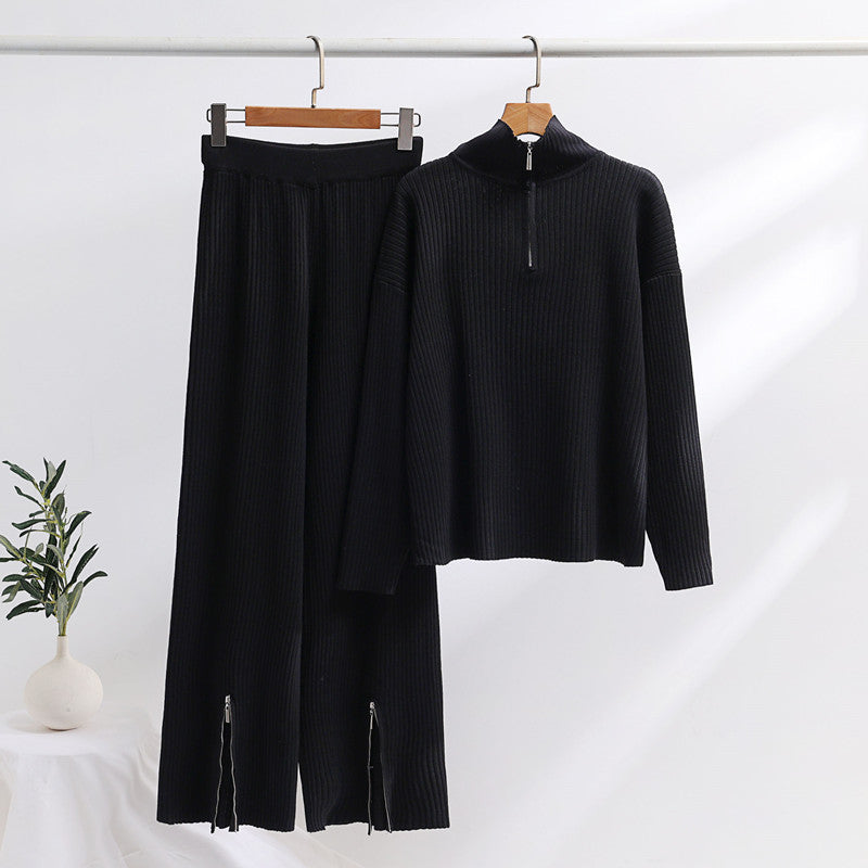 Damen lässiges Strickensemble mit hohem Kragen und seitlichen Schlitzen Heidi-Mode