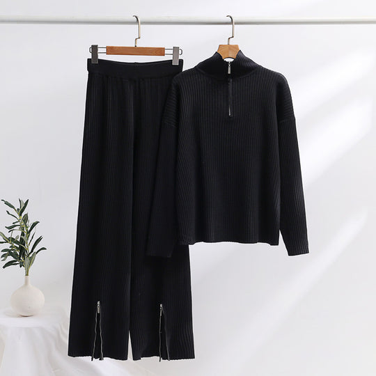 Damen lässiges Strickensemble mit hohem Kragen und seitlichen Schlitzen Heidi-Mode