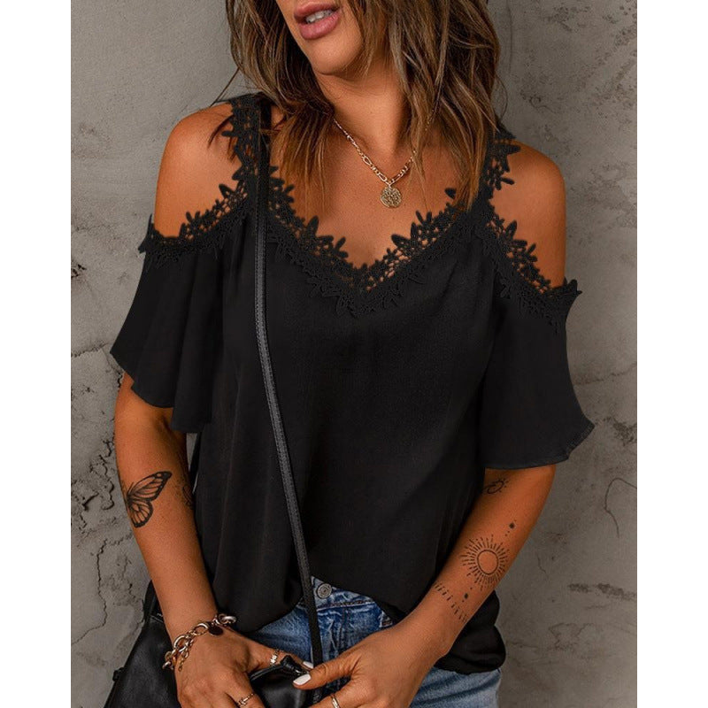 Damen Cold-Shoulder Spitzenbesatz Oberteil Heidi-Mode