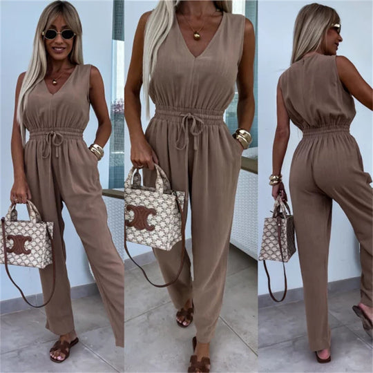 Damen eleganter Jumpsuit mit Taillenkordel und weitem Bein Heidi-Mode