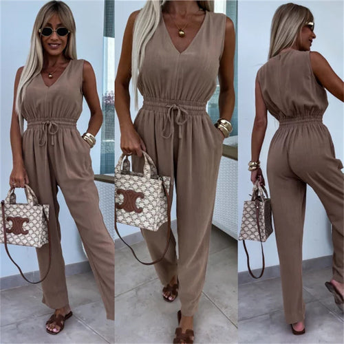 Damen eleganter Jumpsuit mit Taillenkordel und weitem Bein Heidi-Mode