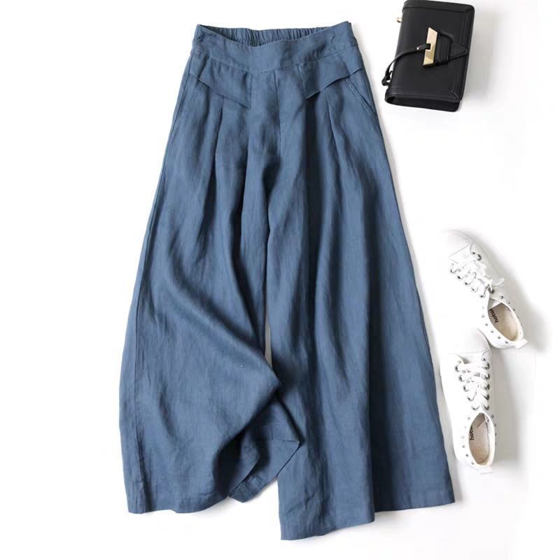 Damen Weit geschnittene Leinenhose mit hohem Bund und eleganten Falten Heidi-Mode