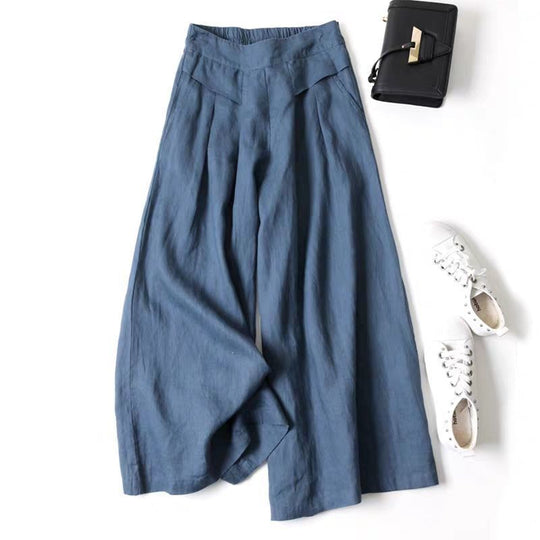 Damen Weit geschnittene Leinenhose mit hohem Bund und eleganten Falten Heidi-Mode