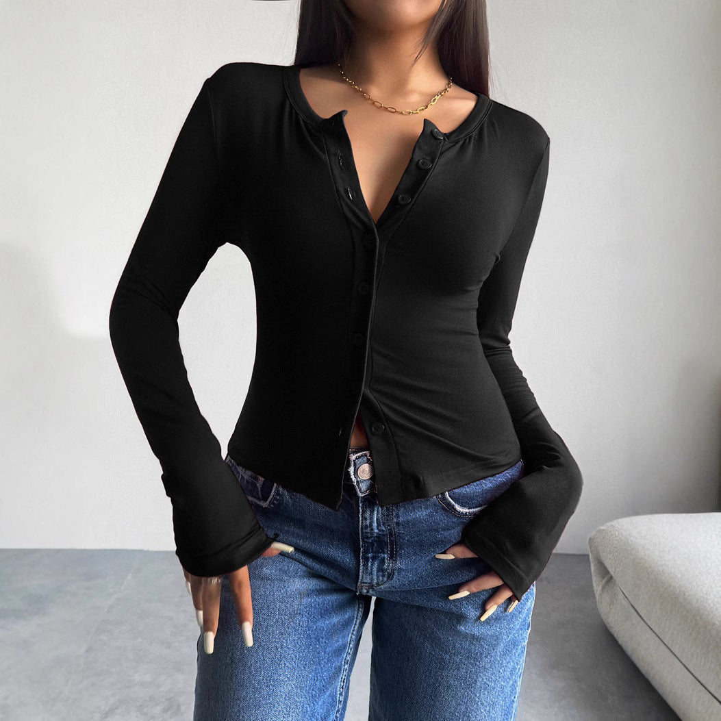 Damen Langarmshirt mit modischer Knopfleiste und figurschmeichelndem Schnitt Heidi-Mode