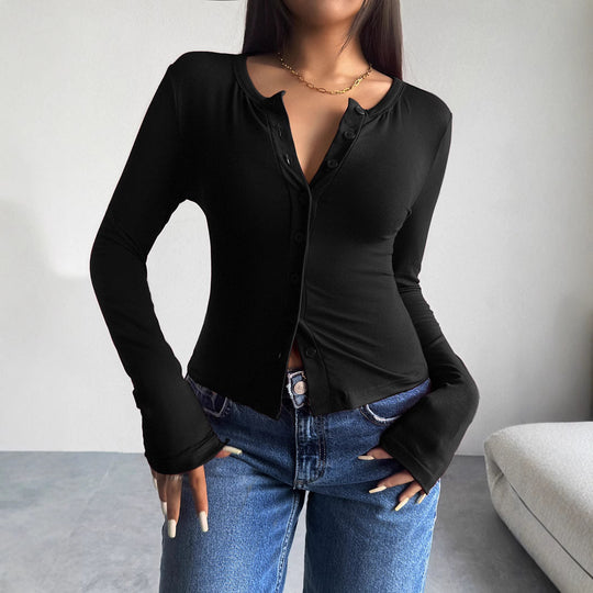 Damen Langarmshirt mit modischer Knopfleiste und figurschmeichelndem Schnitt Heidi-Mode