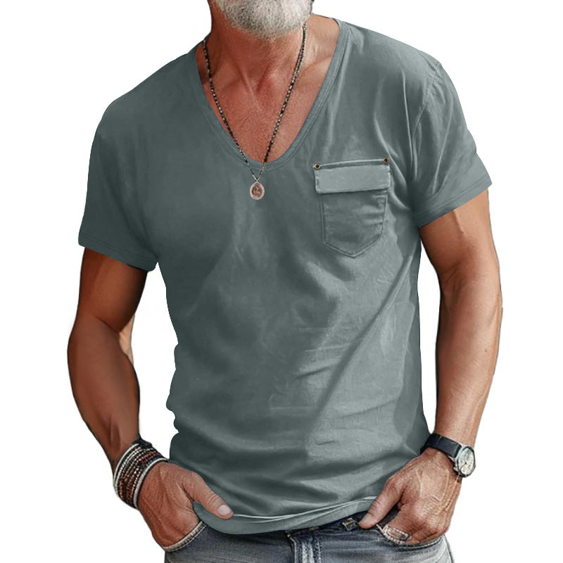 Herren T-Shirt mit V-Ausschnitt und praktischer Brusttasche Heidi-Mode