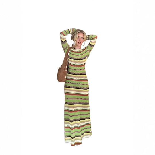 Damen Maxi-Kleid mit einzigartigem Streifenmuster und weitem Arm Heidi-Mode