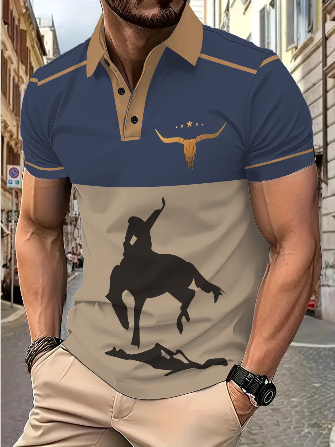 Herren Poloshirt mit kreativem Rodeo-Motiv und eleganten Kontrasten Heidi-Mode