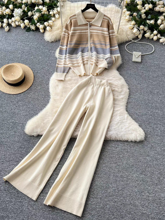 Damen modisches Freizeit-Loungewear-Set mit Reißverschluss und breitem Bein Heidi-Mode
