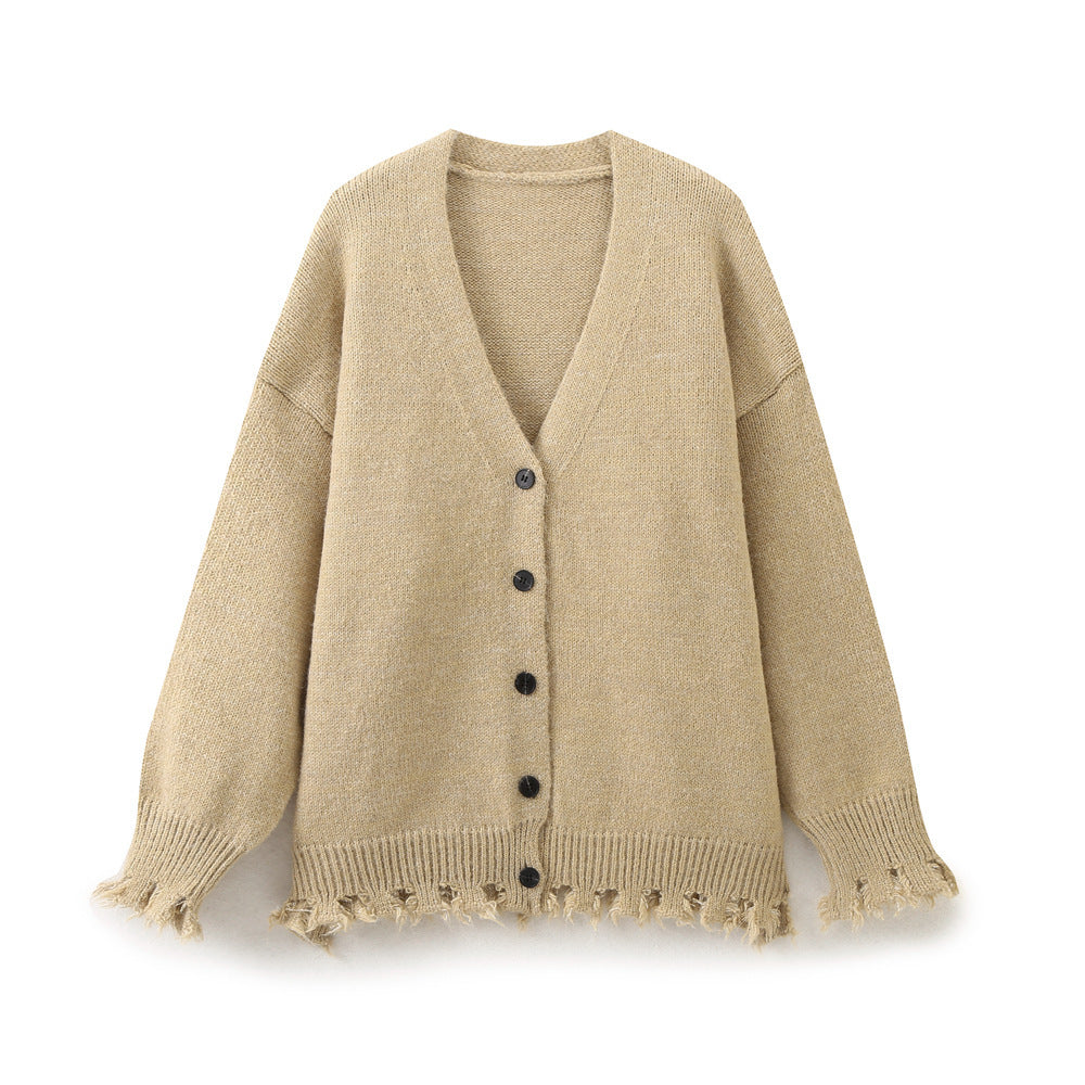 Damen lässige Strickjacke mit fransigem Saum und knöpfbarem Verschluss Heidi-Mode