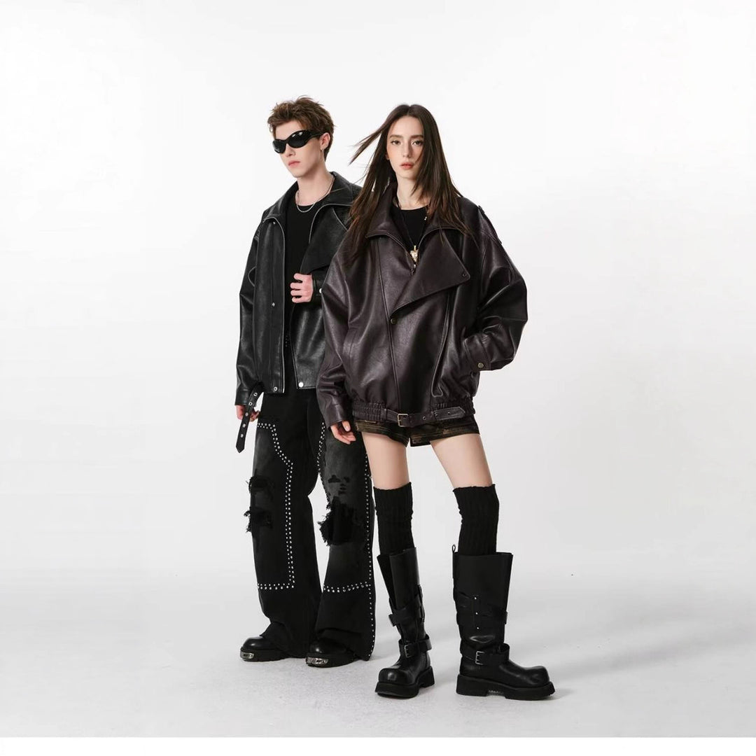 Damen Kunstlederjacke mit hohem Kragen und lässigem Schnitt Heidi-Mode