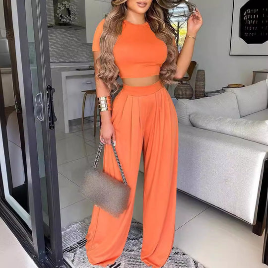 Damen kombiniertes Set mit lässigem cropped Oberteil und weit geschnittener Hose Heidi-Mode