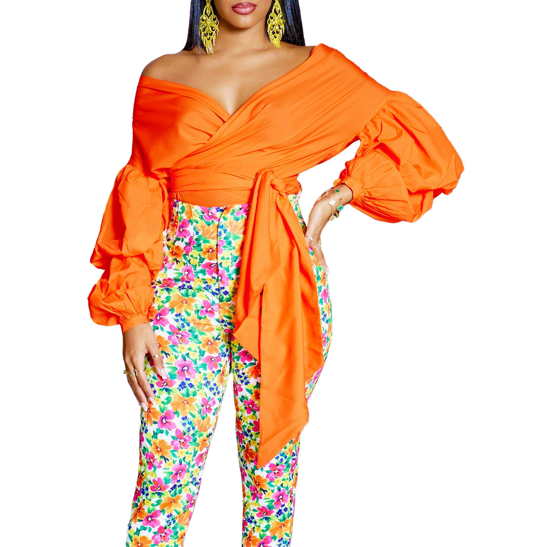 Damen Wickelbluse mit voluminösen Ärmeln und eleganter Schleifenbindung Heidi-Mode