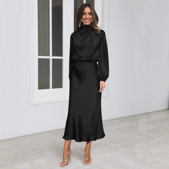 Damen Satin-Maxikleid mit hohem Kragen und Raffungen Heidi-Mode