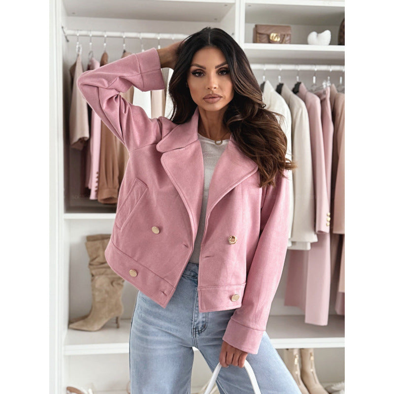 Damen Lederjacke im Biker-Stil mit doppelter Knopfleiste und seitlichen Taschen Heidi-Mode